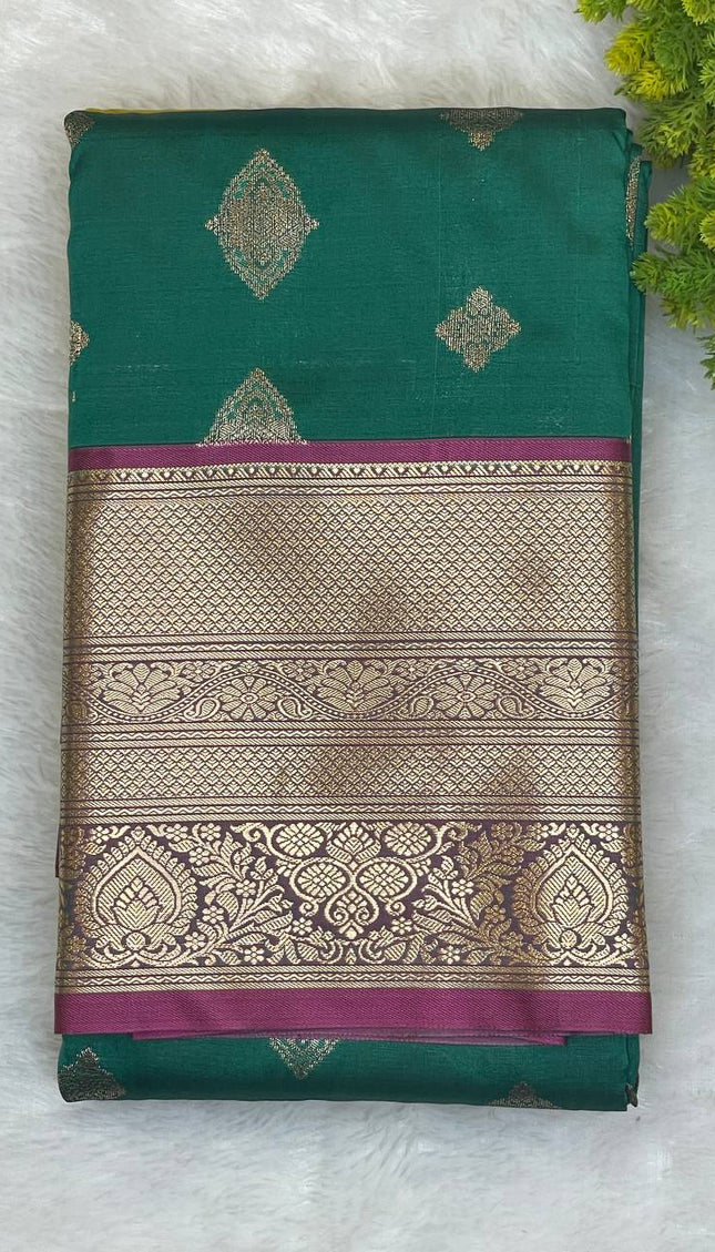Semi Kanjivaram Silk Saree – Bottle Green with Pink Zari Border|S21_5