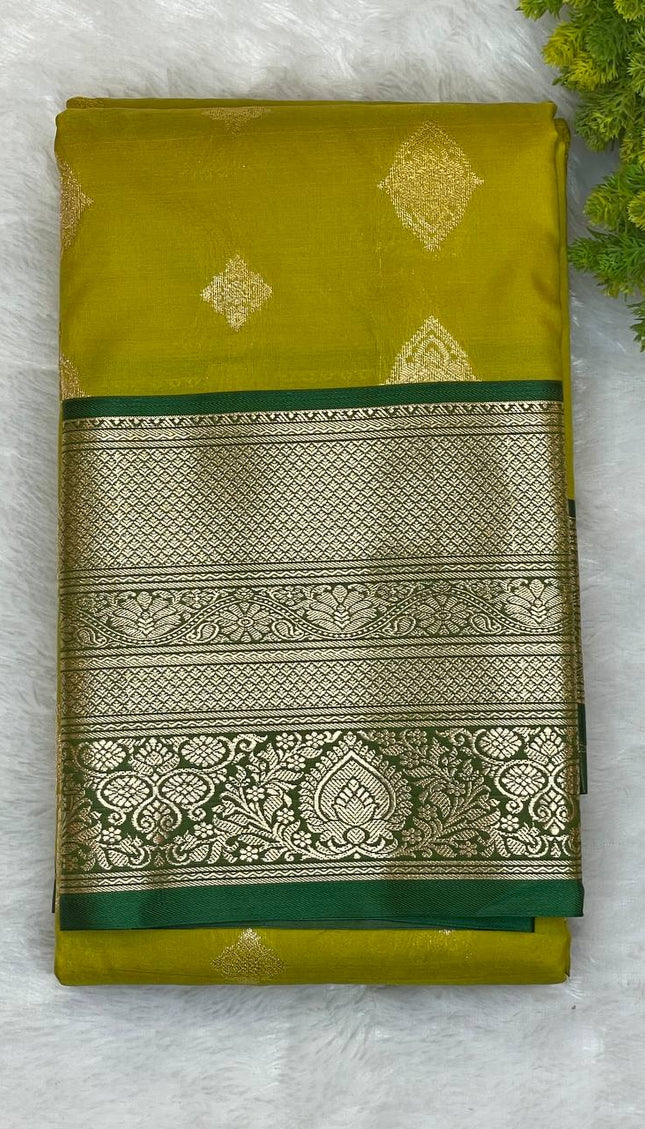Semi Kanjivaram Silk Saree – Olive Yellow with Green Zari Border|S21_6