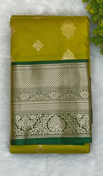 Semi Kanjivaram Silk Saree – Olive Yellow with Green Zari Border|S21_6