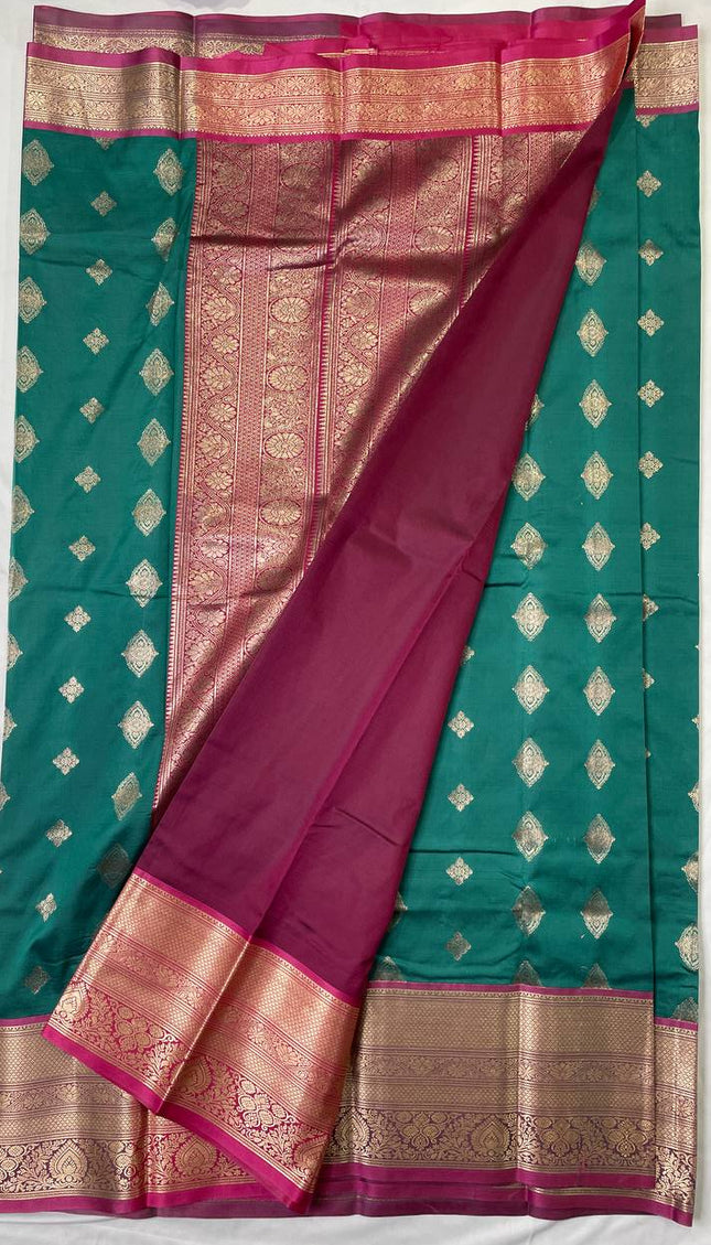 Semi Kanjivaram Silk Saree – Bottle Green with Pink Zari Border|S21_5