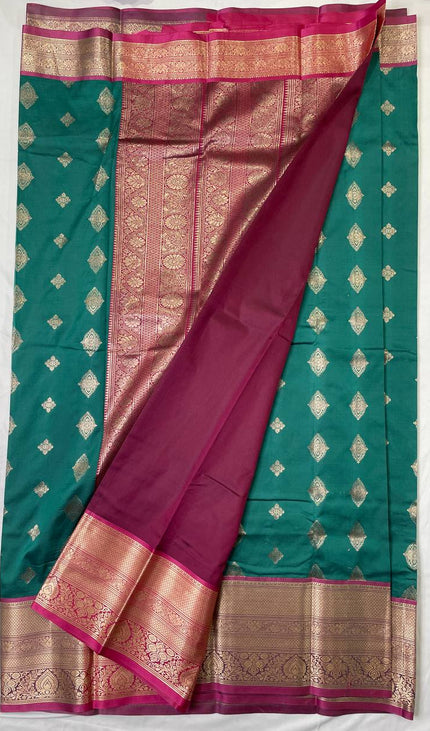 Semi Kanjivaram Silk Saree – Bottle Green with Pink Zari Border|S21_5