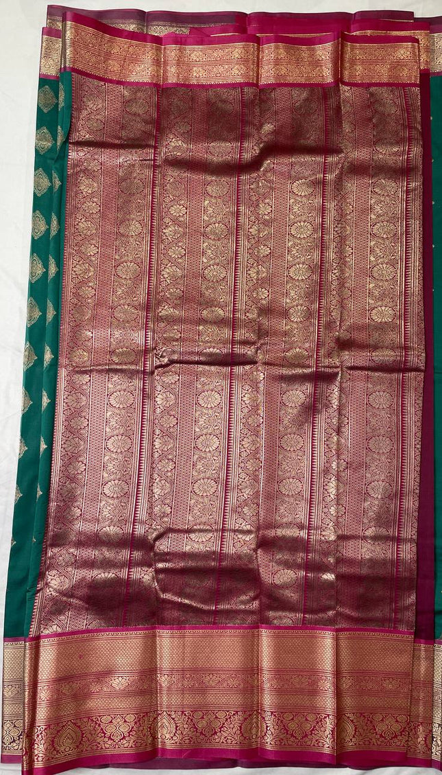Semi Kanjivaram Silk Saree – Bottle Green with Pink Zari Border|S21_5