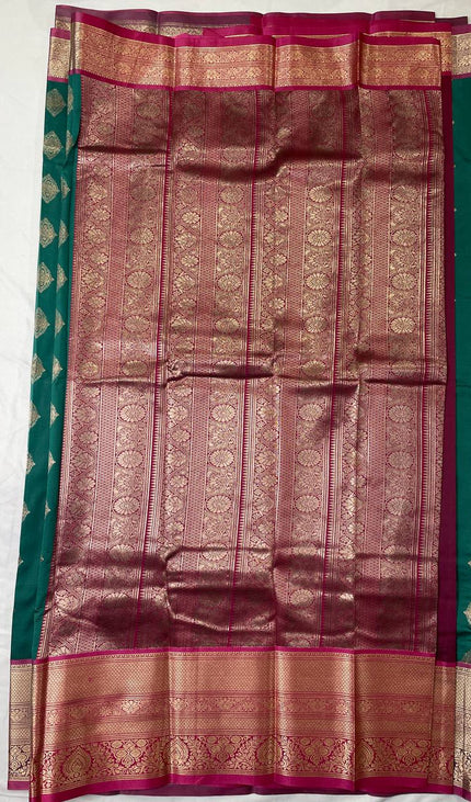 Semi Kanjivaram Silk Saree – Bottle Green with Pink Zari Border|S21_5