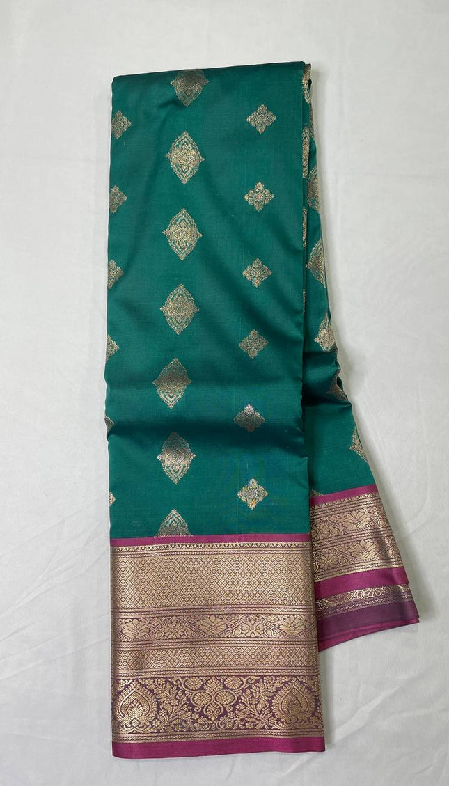 Semi Kanjivaram Silk Saree – Bottle Green with Pink Zari Border|S21_5