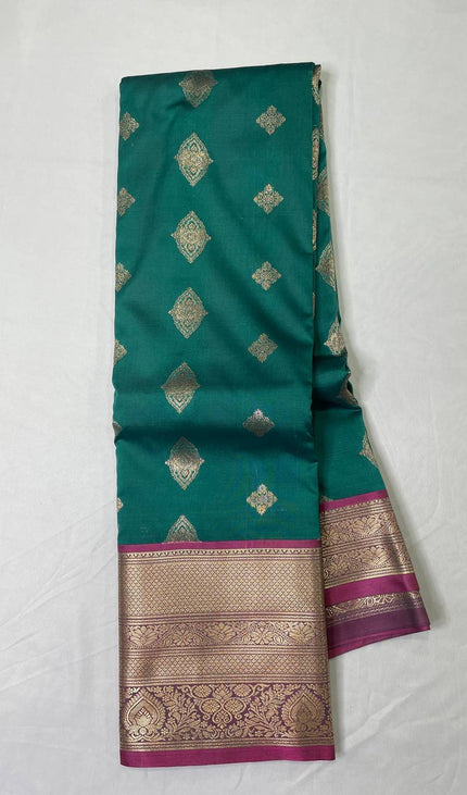 Semi Kanjivaram Silk Saree – Bottle Green with Pink Zari Border|S21_5