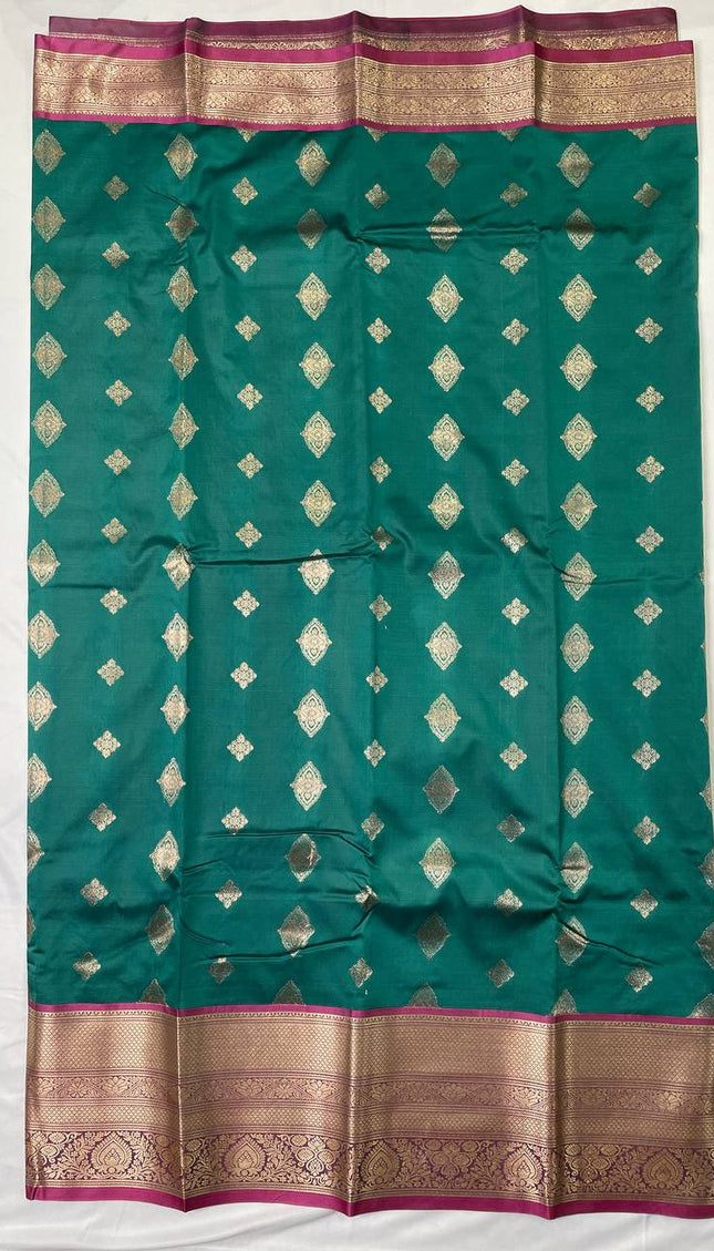 Semi Kanjivaram Silk Saree – Bottle Green with Pink Zari Border|S21_5