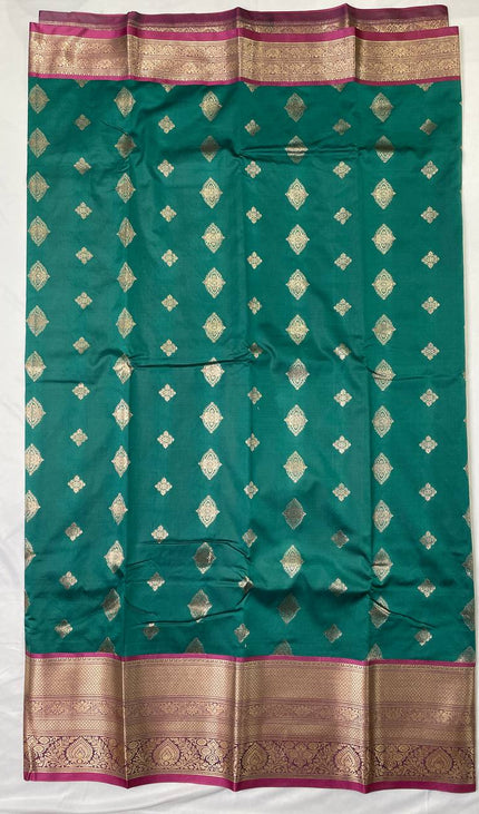 Semi Kanjivaram Silk Saree – Bottle Green with Pink Zari Border|S21_5
