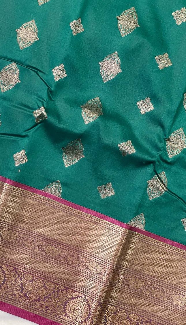 Semi Kanjivaram Silk Saree – Bottle Green with Pink Zari Border|S21_5