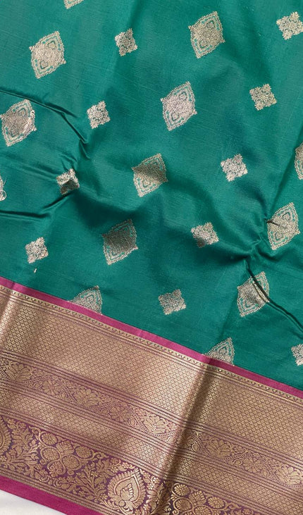 Semi Kanjivaram Silk Saree – Bottle Green with Pink Zari Border|S21_5