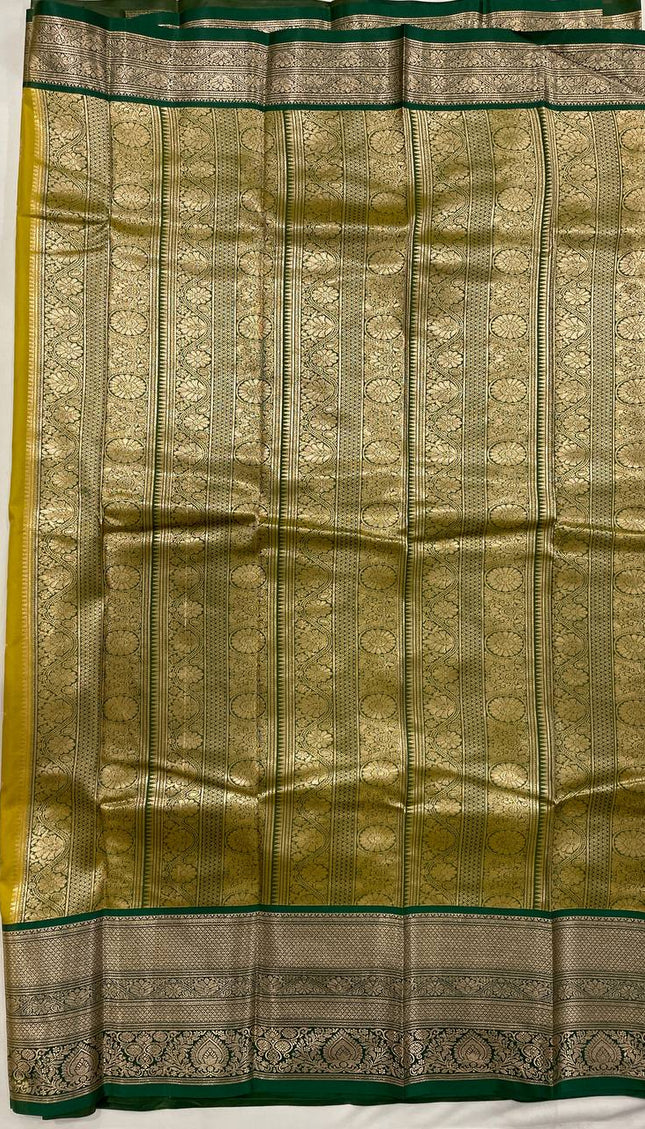 Semi Kanjivaram Silk Saree – Olive Yellow with Green Zari Border|S21_6