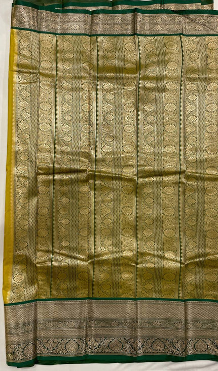 Semi Kanjivaram Silk Saree – Olive Yellow with Green Zari Border|S21_6