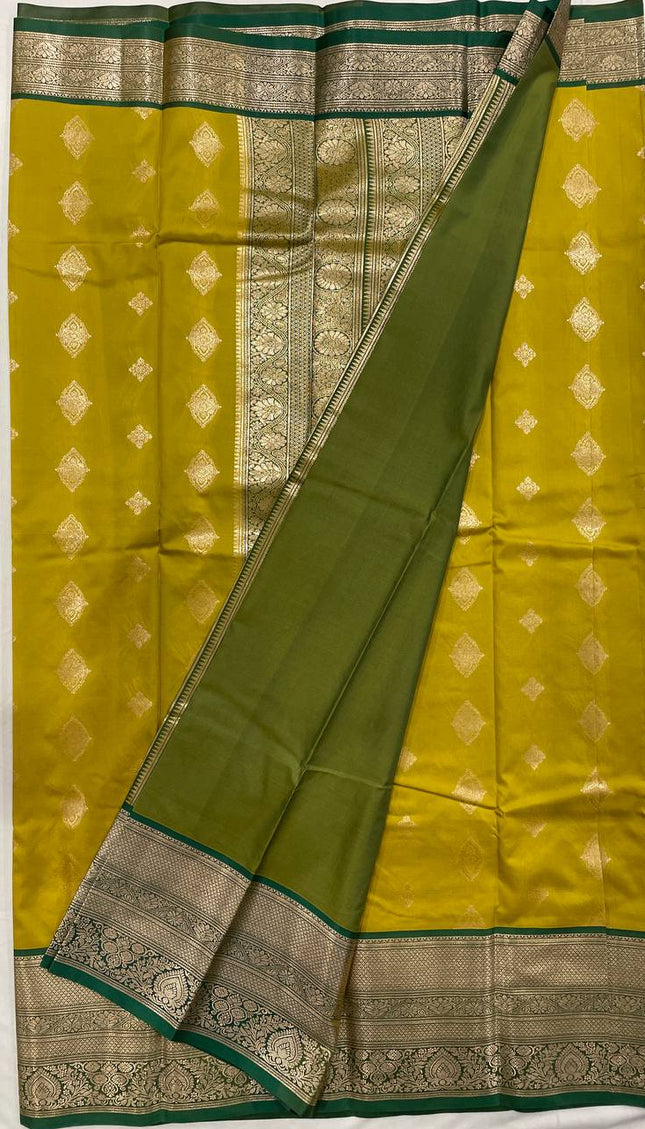 Semi Kanjivaram Silk Saree – Olive Yellow with Green Zari Border|S21_6