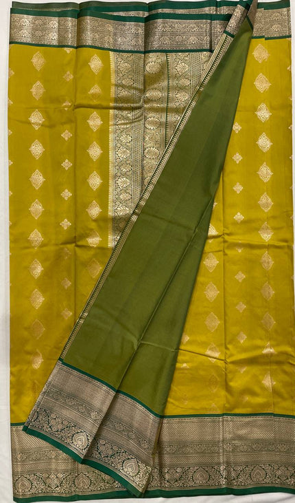 Semi Kanjivaram Silk Saree – Olive Yellow with Green Zari Border|S21_6