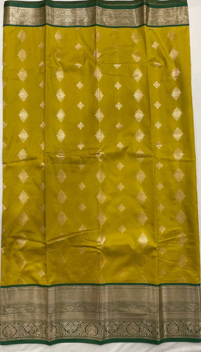 Semi Kanjivaram Silk Saree – Olive Yellow with Green Zari Border|S21_6