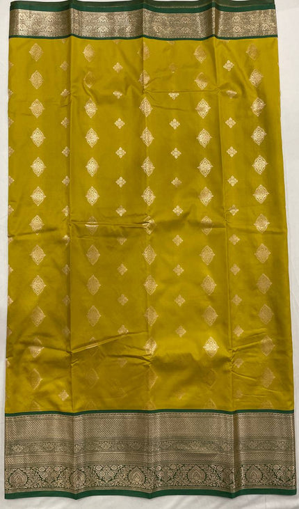 Semi Kanjivaram Silk Saree – Olive Yellow with Green Zari Border|S21_6