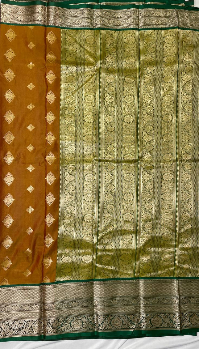 Semi Kanjivaram Silk Saree – Brown with Green Zari Border|S21_3