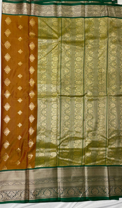 Semi Kanjivaram Silk Saree – Brown with Green Zari Border|S21_3