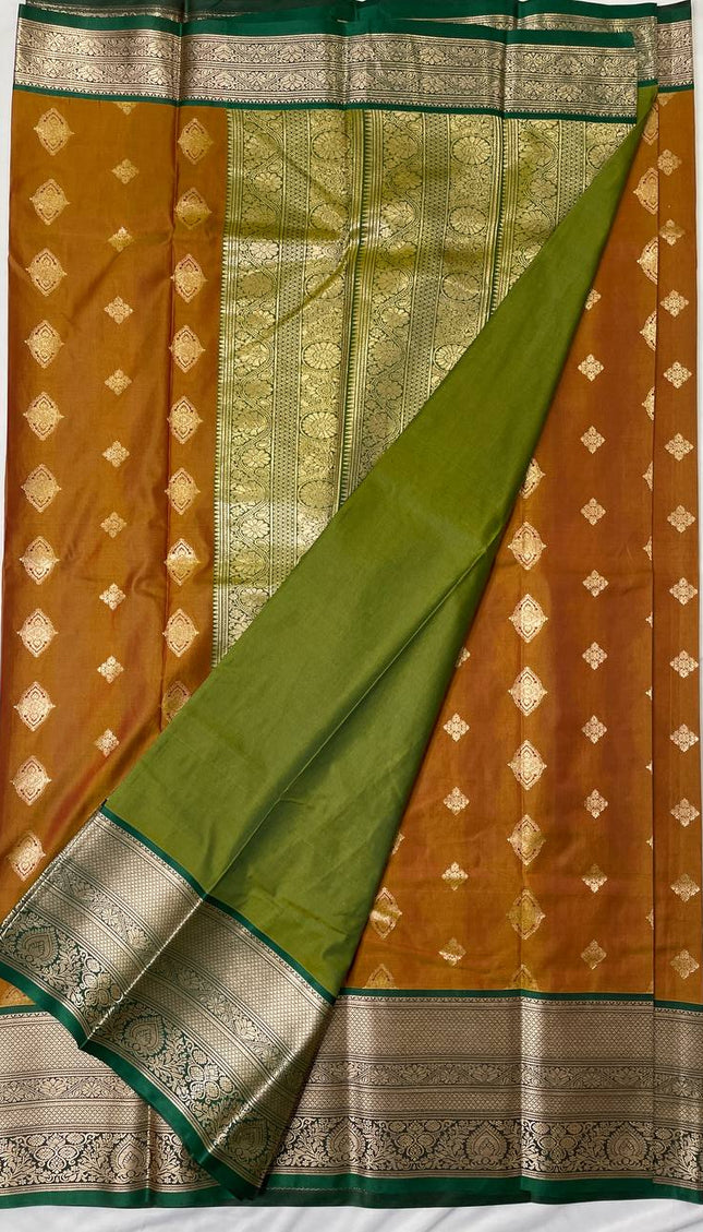 Semi Kanjivaram Silk Saree – Brown with Green Zari Border|S21_3