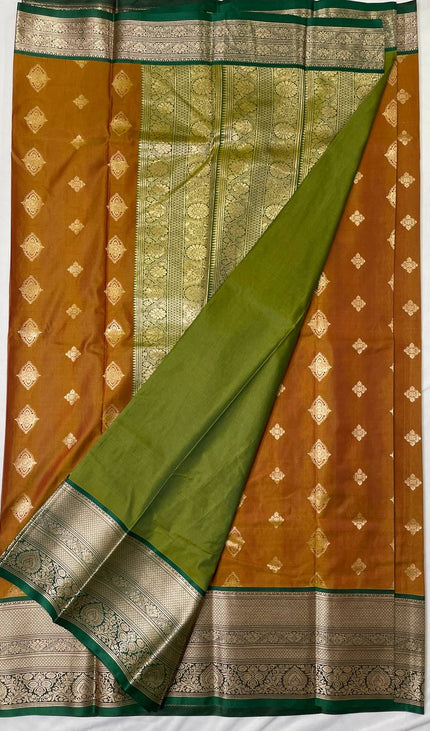 Semi Kanjivaram Silk Saree – Brown with Green Zari Border|S21_3