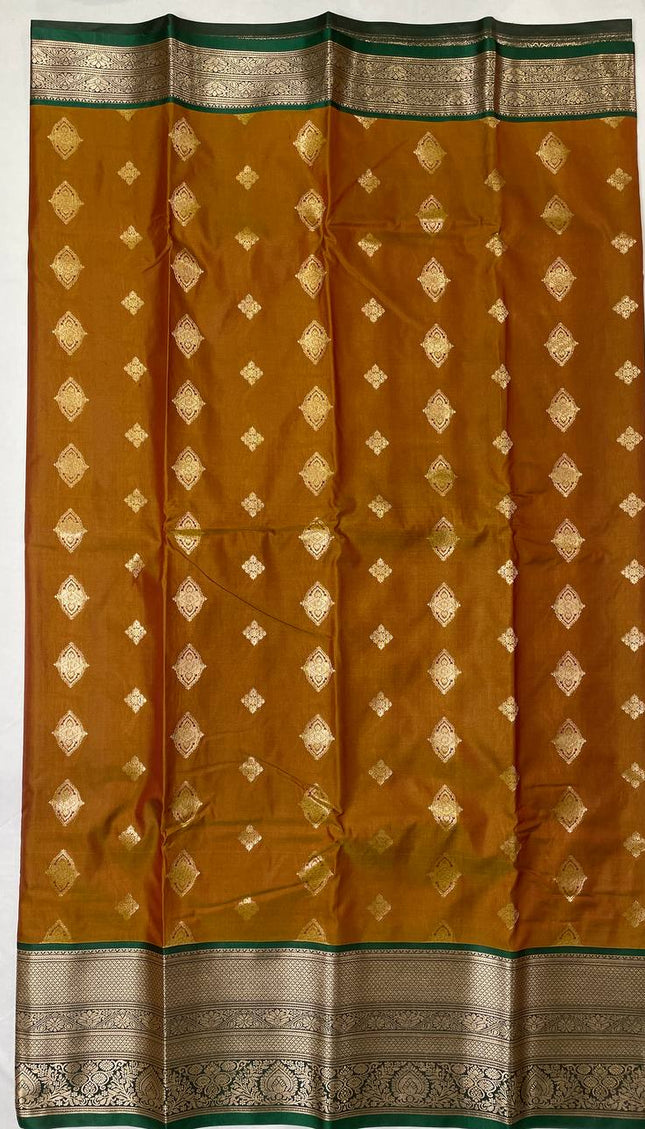 Semi Kanjivaram Silk Saree – Brown with Green Zari Border|S21_3