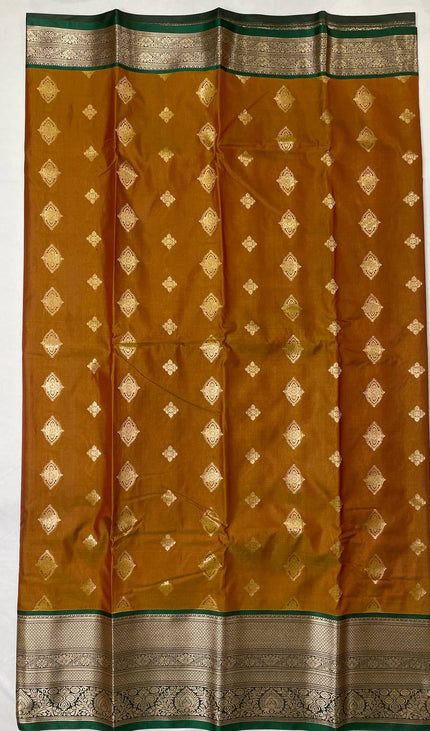 Semi Kanjivaram Silk Saree – Brown with Green Zari Border|S21_3