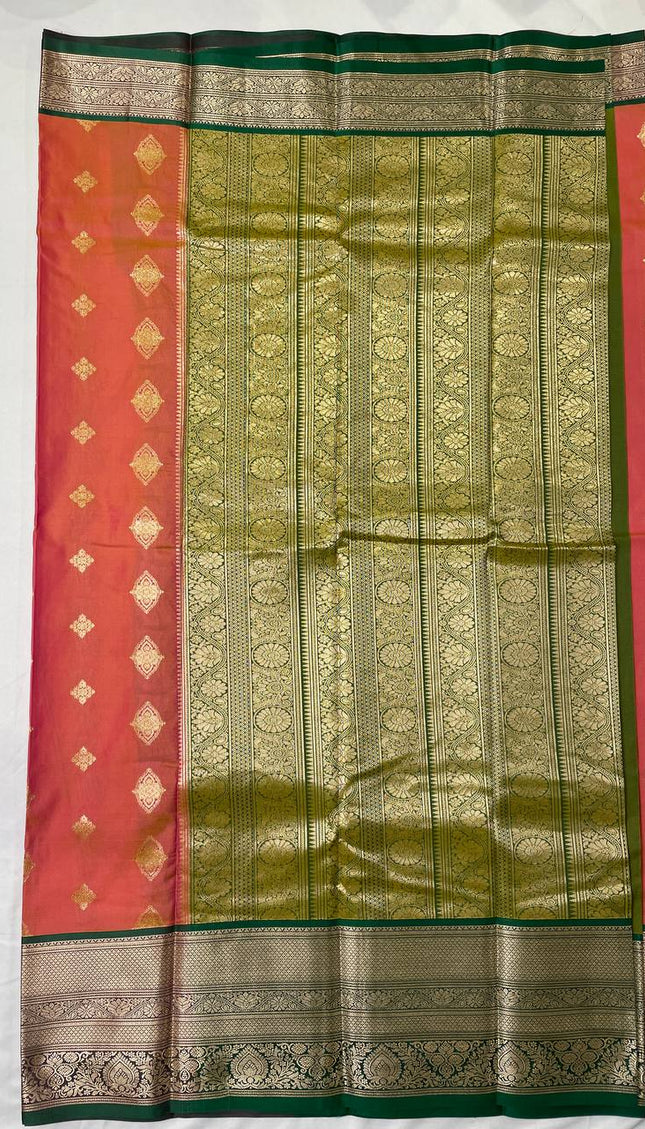 Semi Kanjivaram Silk Saree – Pink with Green Zari Border|S21_4