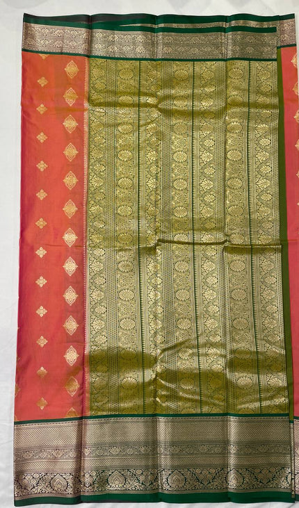 Semi Kanjivaram Silk Saree – Pink with Green Zari Border|S21_4