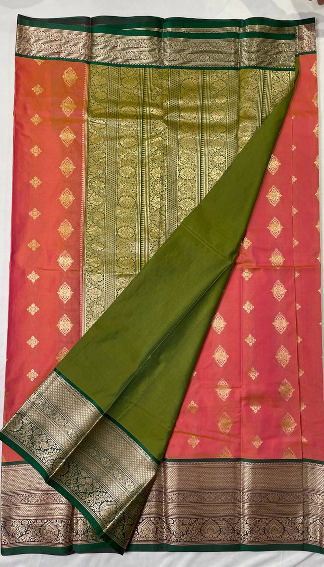 Semi Kanjivaram Silk Saree – Pink with Green Zari Border|S21_4