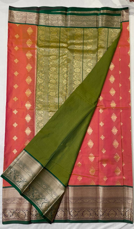 Semi Kanjivaram Silk Saree – Pink with Green Zari Border|S21_4
