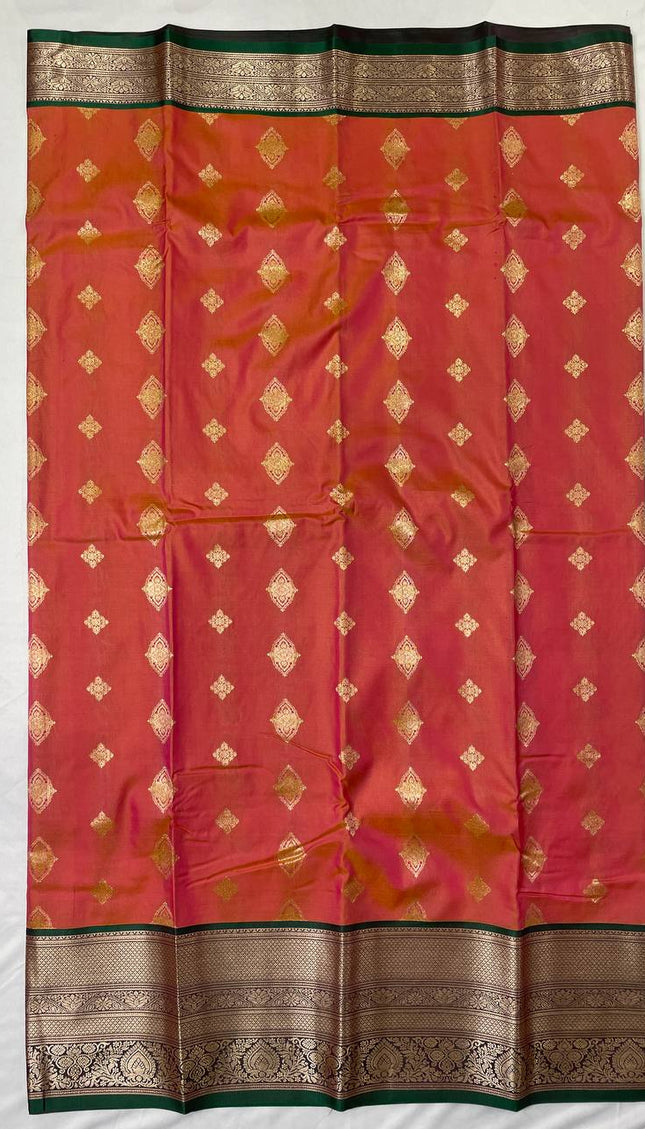 Semi Kanjivaram Silk Saree – Pink with Green Zari Border|S21_4