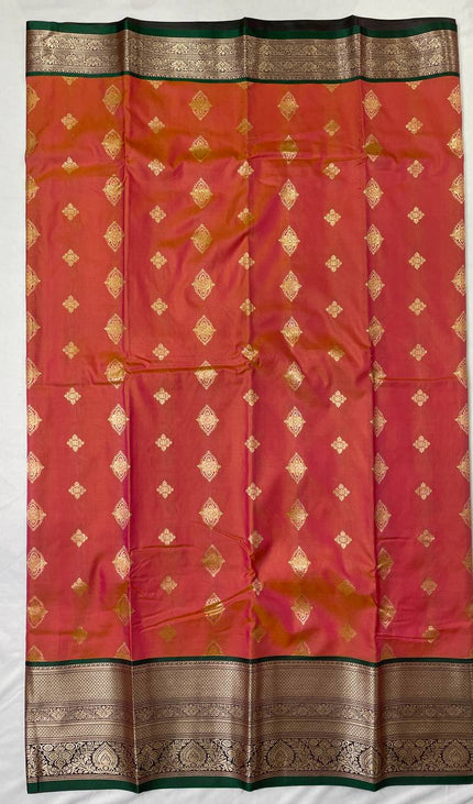 Semi Kanjivaram Silk Saree – Pink with Green Zari Border|S21_4