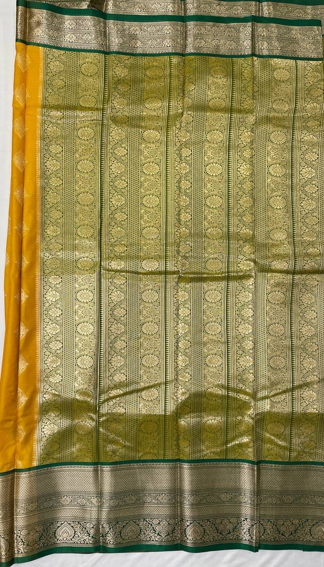 Semi Kanjivaram Silk Saree – Mustard Yellow with Green Zari Border|S21_1