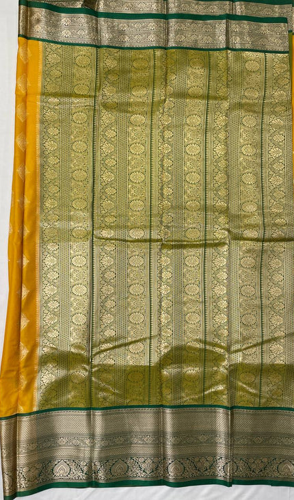 Semi Kanjivaram Silk Saree – Mustard Yellow with Green Zari Border|S21_1