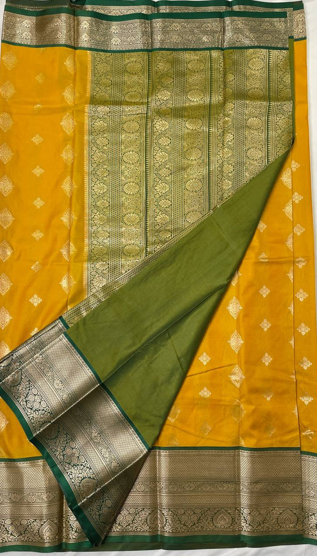 Semi Kanjivaram Silk Saree – Mustard Yellow with Green Zari Border|S21_1