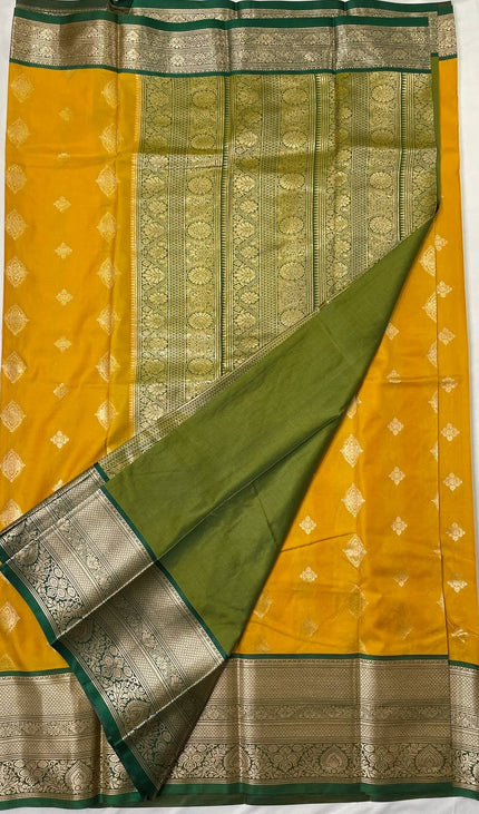 Semi Kanjivaram Silk Saree – Mustard Yellow with Green Zari Border|S21_1