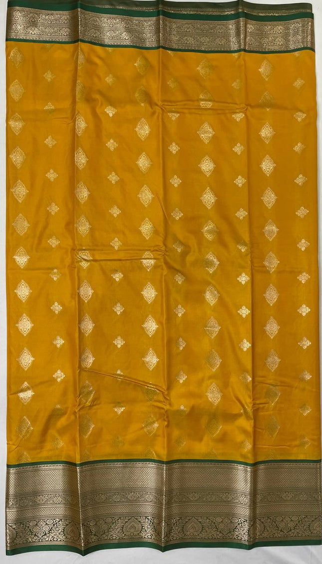 Semi Kanjivaram Silk Saree – Mustard Yellow with Green Zari Border|S21_1