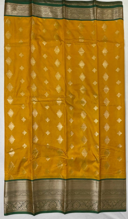 Semi Kanjivaram Silk Saree – Mustard Yellow with Green Zari Border|S21_1