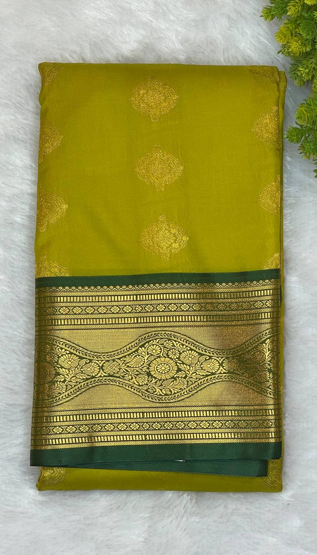 Semi Kanjivaram Silk Saree – Mustard Yellow with Green Zari Border|S20_2