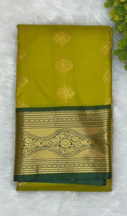 Semi Kanjivaram Silk Saree – Mustard Yellow with Green Zari Border|S20_2