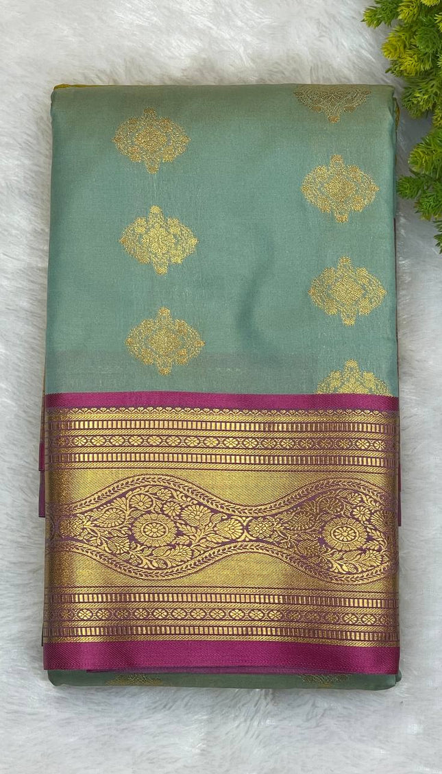 Semi Kanjivaram Silk Saree – Pastel Green with Pink Zari Border|S20_1