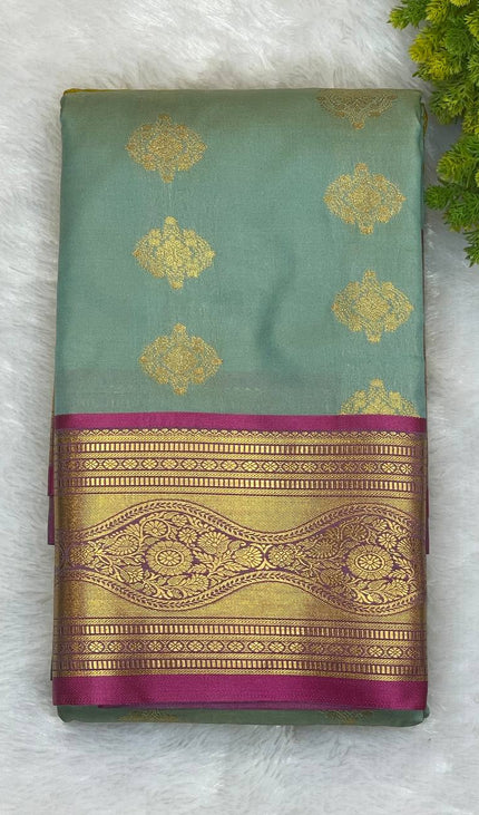 Semi Kanjivaram Silk Saree – Pastel Green with Pink Zari Border|S20_1