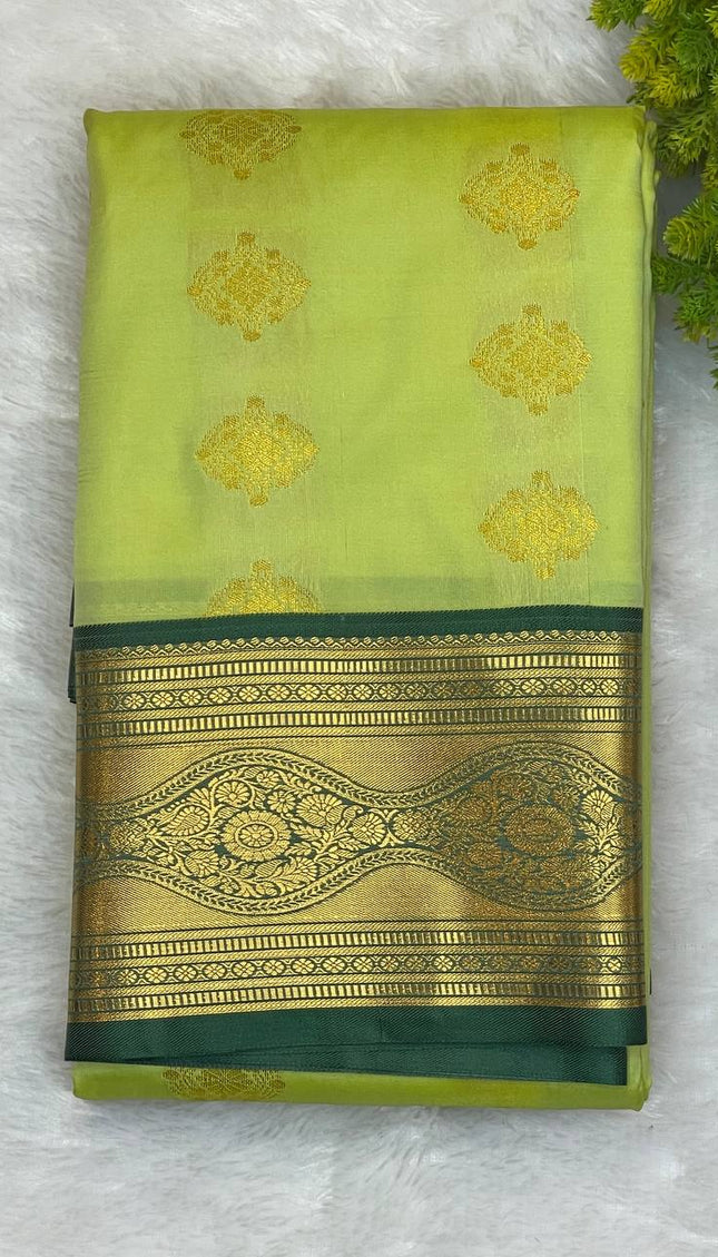 Semi Kanjivaram Silk Saree – Lime Yellow with Green Zari Border|S20_4