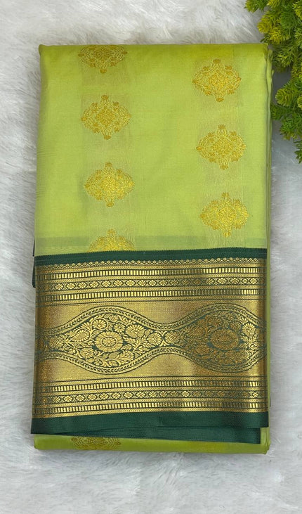 Semi Kanjivaram Silk Saree – Lime Yellow with Green Zari Border|S20_4
