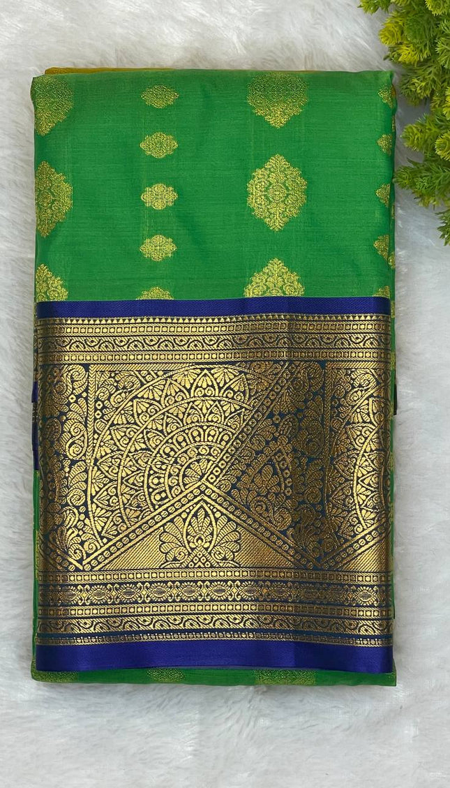 Semi Kanjivaram Silk Saree – Green with Royal Blue Zari Border|S22_1
