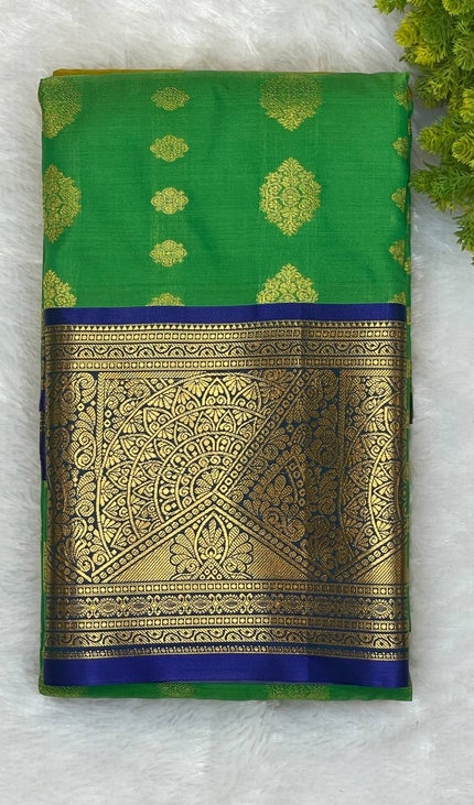 Semi Kanjivaram Silk Saree – Green with Royal Blue Zari Border|S22_1