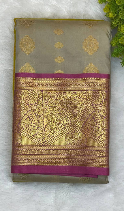Semi Kanjivaram Silk Saree – Ash Grey with Pink Zari Border|S22_3
