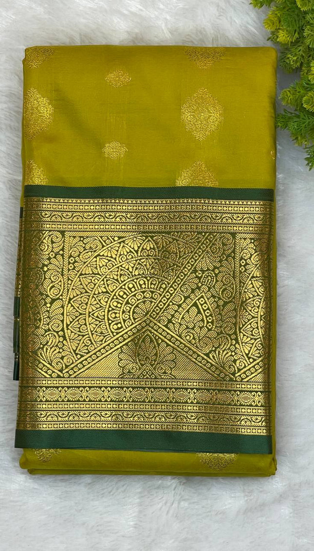 Semi Kanjivaram Silk Saree – Mustard Yellow with Green Zari Border|S22_4