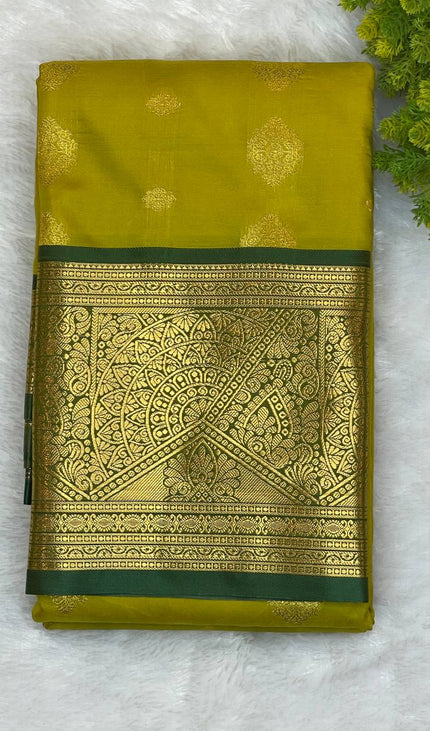 Semi Kanjivaram Silk Saree – Mustard Yellow with Green Zari Border|S22_4