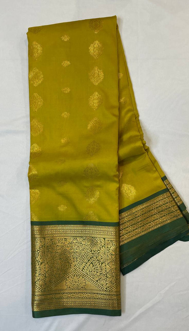 Semi Kanjivaram Silk Saree – Mustard Yellow with Green Zari Border|S22_4