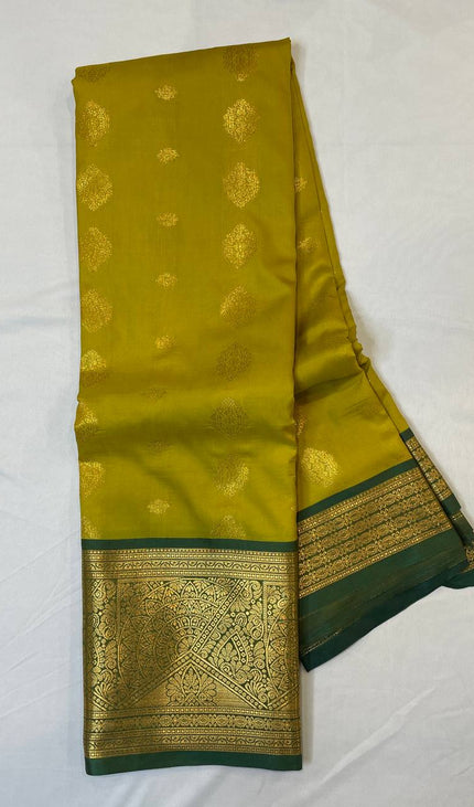 Semi Kanjivaram Silk Saree – Mustard Yellow with Green Zari Border|S22_4